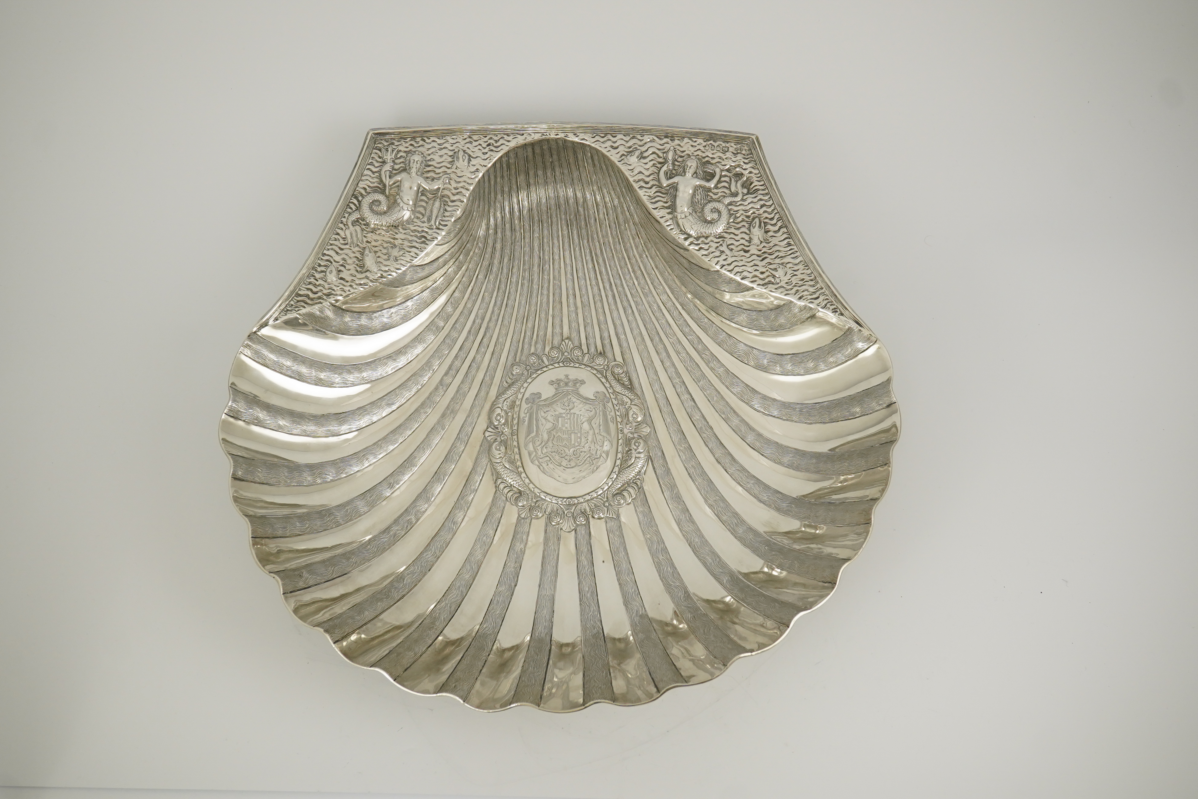 A good large Victorian silver shell shaped basin, by John Samuel Hunt (Hunt & Roskell late Storr & Mortimer), based on a 16th century model used in conjunction with a ewer for the washing of hands during and after a meal